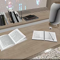 Open Book And Spiral Notebook On Study Table With Bookshelf And Table Lamp