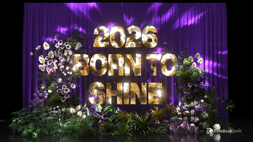 2026 Born To Shine Photo Spot With Purple Curtain Golden Letters And Green Plants 3d model 