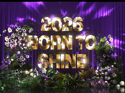 2026 Born To Shine Photo Spot With Purple Curtain Golden Letters And Green Plants 3d model