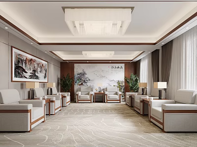 Traditional Chinese Reception Room Interior Design With Landscape Paintings Green Plants And Chandelier 3d model