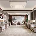 Traditional Chinese Reception Room Interior Design With Landscape Paintings Green Plants And Chandelier