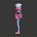 Cartoon Girl With Pink Hair Glasses Hoodie Vest Blue Jeans And Outstretched Arms