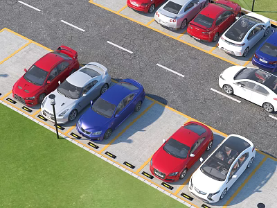 Cars Parked in Parking Lot with Various Colors and Marked Spaces 3d model