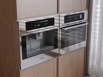 Modern Built-in Kitchen Appliances With Stainless Steel Microwave Oven And Wooden Cabinets 3d model