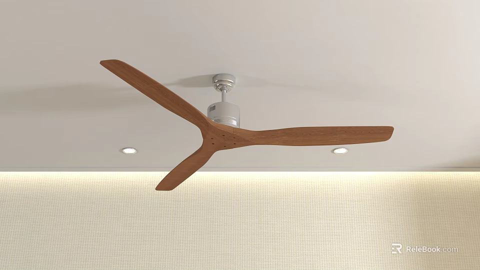 Stylish Modern Ceiling Light Fan with Three Wooden Blades and Recessed Lights on White Ceiling 3d model 
