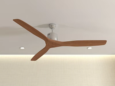 Stylish Modern Ceiling Light Fan with Three Wooden Blades and Recessed Lights on White Ceiling 3d model