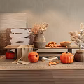 Autumn Themed Decorative Scene With Pumpkins Dried Grass Oranges And Abstract Painting