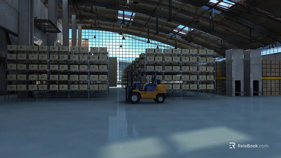 Industrial Warehouse Storage With Forklift Moving Goods On Shelves 3d model 