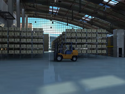 Industrial Warehouse Storage With Forklift Moving Goods On Shelves 3d model