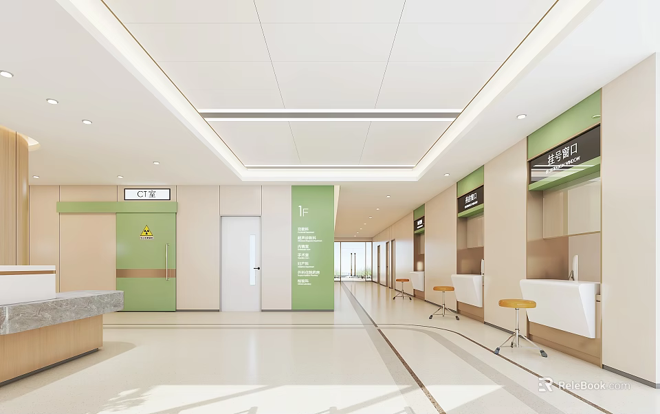 Public Service Hall Bright Interior With Green Wall Service Counter And Waiting Stools 3d model