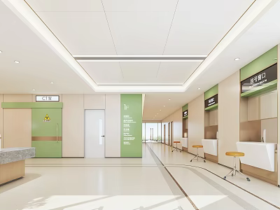 Public Service Hall Bright Interior With Green Wall Service Counter And Waiting Stools 3d model