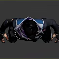 Game Character In Blue Purple Hooded Coat With Weapon Belt Standing Against Gray Background