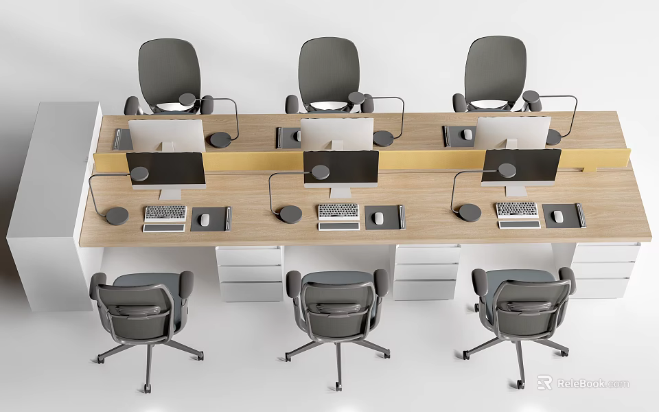 Office Workspace With Multiple Desks Ergonomic Chairs Computers And Desk Lamps 3d model