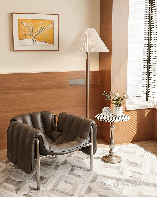 Modern Leather Leisure Chair With Metal Frame Wooden Wall Window Side Table And Flower Vase 3d model 