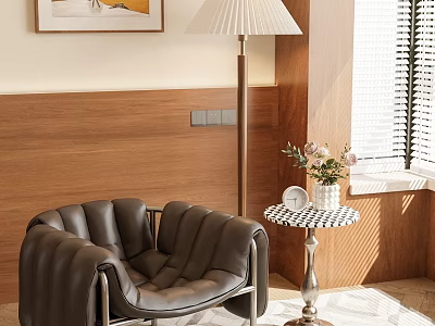 Modern Leather Leisure Chair With Metal Frame Wooden Wall Window Side Table And Flower Vase 3d model
