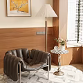 Modern Leather Leisure Chair With Metal Frame Wooden Wall Window Side Table And Flower Vase