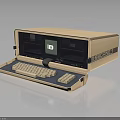 Vintage Portable Computing Device with Open Wooden Case Keyboard and Screen