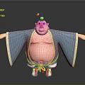 Cartoon Sumo Character In Blue Kimono With Red Obi And Yellow Head Ornament Arms Outstretched