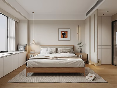 Modern Bedroom Interior With Wooden Bed White Bedding Wall Art Hanging Lamp And Rug 3d model