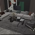 Modern Light Gray L Shaped Sofa With Decorative Cushions And Black Coffee Table Set 3d model