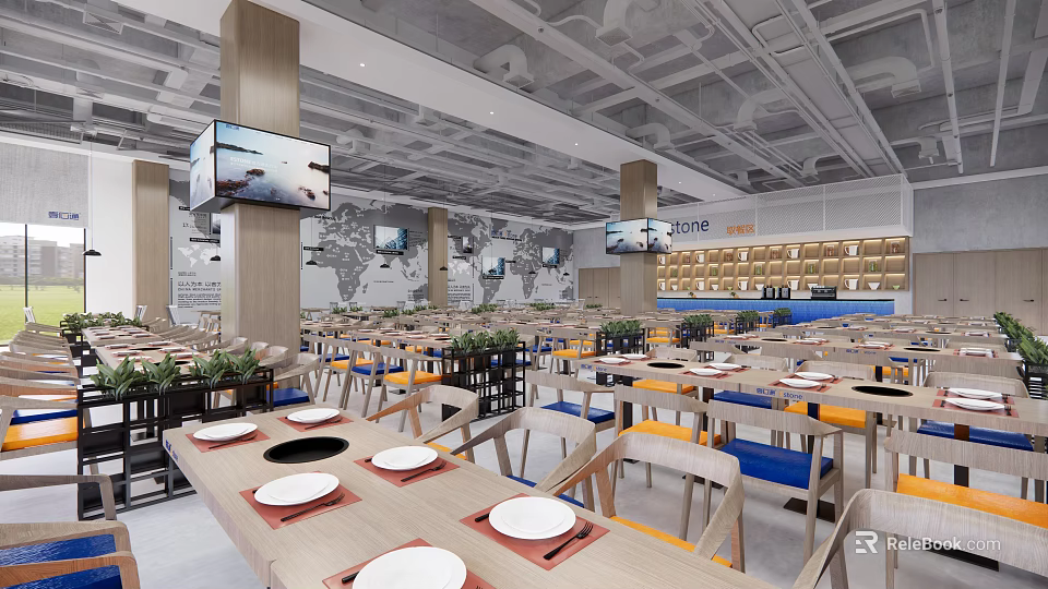 Modern Restaurant Interior With Dining Tables Chairs World Map Decor and TV Screens 3d model 