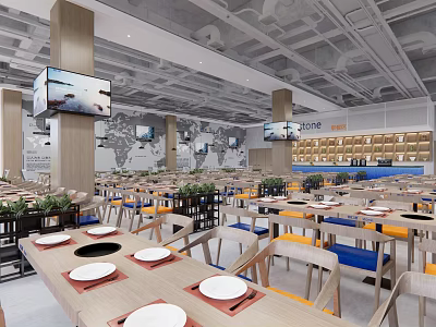 Modern Restaurant Interior With Dining Tables Chairs World Map Decor and TV Screens 3d model