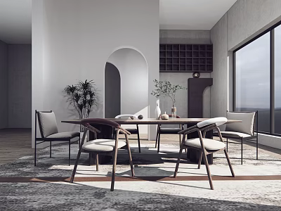 Modern Restaurant Interior With Dining Table Chairs Decorative Plants Archway And Large Window 3d model