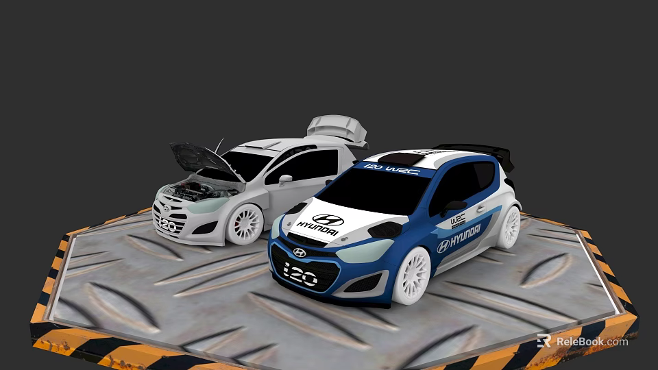 Hyundai Cars Display With Open Hood Trunk And Blue White Racing Style On Metal Platform 3d model 