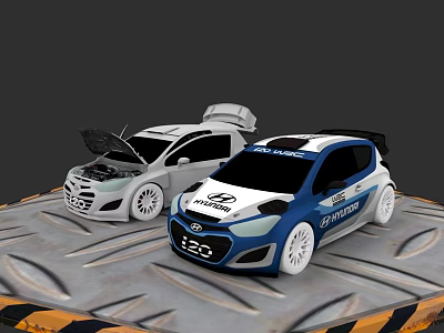 Hyundai Cars Display With Open Hood Trunk And Blue White Racing Style On Metal Platform 3d model