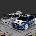 Hyundai Cars Display With Open Hood Trunk And Blue White Racing Style On Metal Platform