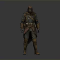 A Male Adventurer In Hooded Leather Armor With Brown Cloak Belt And Gloves