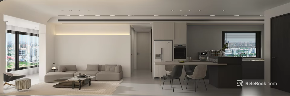 Modern Minimalist Living Dining Room With Light Sofa Dining Table And Kitchen Area 3d model 