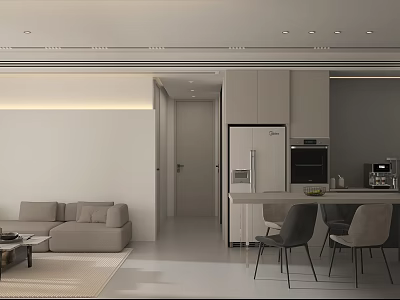 Modern Minimalist Living Dining Room With Light Sofa Dining Table And Kitchen Area 3d model