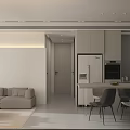 Modern Minimalist Living Dining Room With Light Sofa Dining Table And Kitchen Area