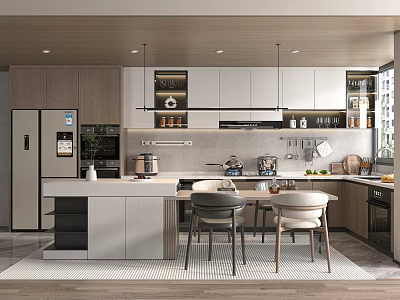 Modern Open Kitchen Design With Island Counter Cabinets Appliances And Dining Chairs 3d model