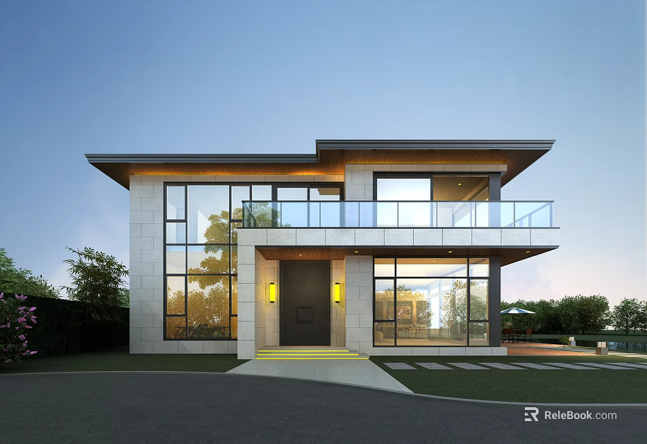 Modern Detached Villa Exterior With Large Glass Windows And Glass Railing Balcony 3d model 