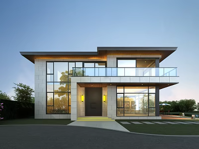 Modern Detached Villa Exterior With Large Glass Windows And Glass Railing Balcony 3d model