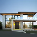 Modern Detached Villa Exterior With Large Glass Windows And Glass Railing Balcony