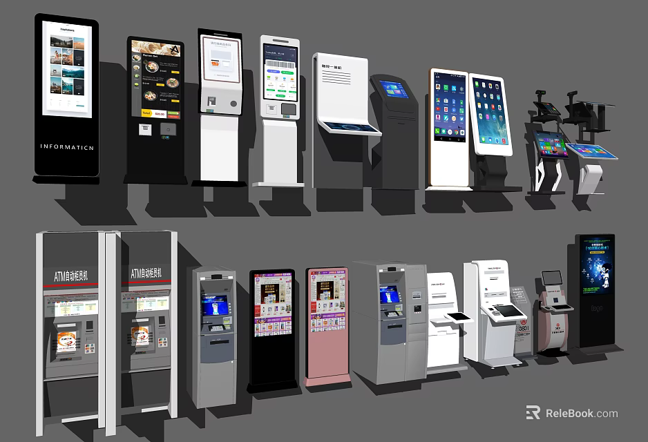 Bank Modern Self Service Equipment Featuring ATMs Interactive Kiosks and Payment Terminals 3d model 