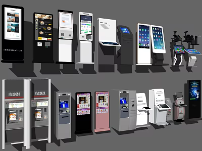 Bank Modern Self Service Equipment Featuring ATMs Interactive Kiosks and Payment Terminals 3d model
