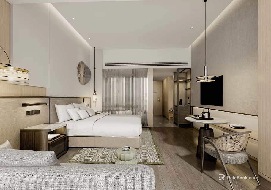 Modern Hotel Bedroom Interior With Bed Sofa TV Desk And Wooden Floor 3d model 