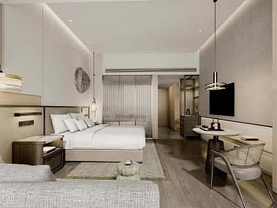 Modern Hotel Bedroom Interior With Bed Sofa TV Desk And Wooden Floor 3d model