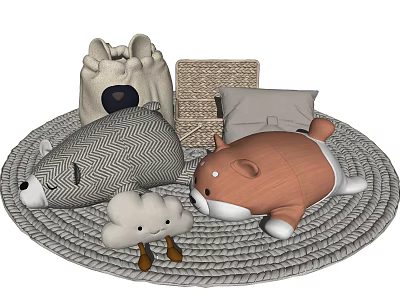 Soft Stuffed Bear Pig And Cloud Shaped Animals On Woven Rug With Gray Pillow 3d model