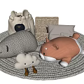 Soft Stuffed Bear Pig And Cloud Shaped Animals On Woven Rug With Gray Pillow