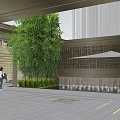 Modern Garden Landscape Design With Wooden Entrance Green Plants Water Feature And Pedestrians