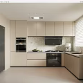 Modern Kitchen Design With Light Colored Cabinets Black Refrigerator Oven And Window Blinds