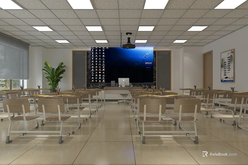 School Classroom Interior With Desks Chairs Podium Bookshelf Projection Screen Ceiling Lights And Green Plant 3d model 