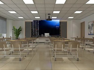 School Classroom Interior With Desks Chairs Podium Bookshelf Projection Screen Ceiling Lights And Green Plant 3d model