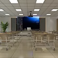 School Classroom Interior With Desks Chairs Podium Bookshelf Projection Screen Ceiling Lights And Green Plant