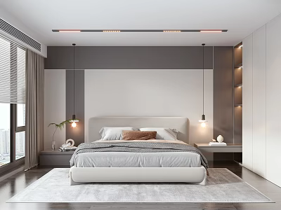Modern Minimalist Bedroom Interior With Bed Headboard Wall Pendant Lights Rug Windows And Curtains 3d model